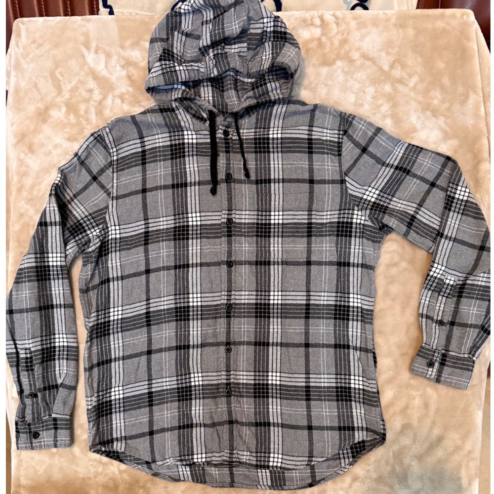 American Eagle Mens Y2K Plaid Flannel Hoodie Shirt Gray Black White Plaid XL